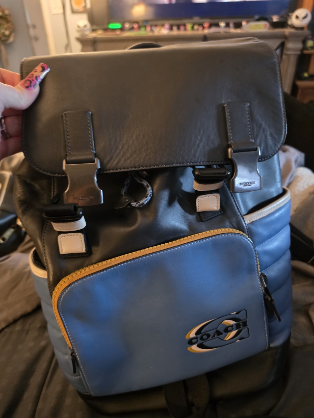Coach Men’s Blue and Black Leather Backpack